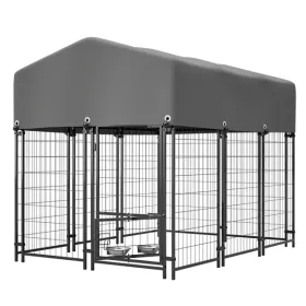Dog Kennel Outdoor With Roof, 4.23'x5.82'x4.83' Welded Wire Enclosure, Heavy Duty Dog Crate With UV-Resistant Waterproof Cover, Double Lock & Rotatin