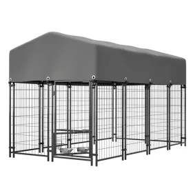Dog Kennel Outdoor With Roof, 4.23'x7.81'x4.83' Welded Wire Enclosure, Heavy Duty Dog Crate With UV-Resistant Waterproof Cover, Double Lock & Rotatin