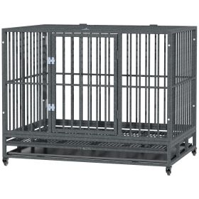 43" Heavy Duty Dog Crate Metal Cage Kennel with Lockable Wheels, Double Door and Removable Tray, Gray