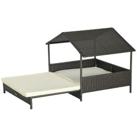 Outdoor Dog Bed Extendable Wicker Dog Bed w/ Waterproof Roof, Soft Cushion, for Small and Medium Dogs, Cream White