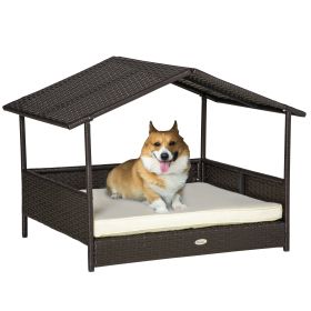 Wicker Dog House Outdoor with Canopy, Rattan Dog Bed with Water-resistant Cushion, Raised Dog Bed for Small, Medium Dogs up to 66 lbs, 19.75" in Len