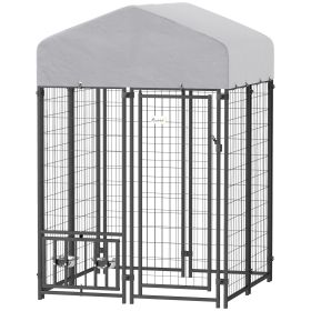 Welded Wire Outdoor Dog Kennel with 360Â° Rotating & 4 Levels Adjustable Bowls, Waterproof Cover, 3.9' x 3.9' x 6'