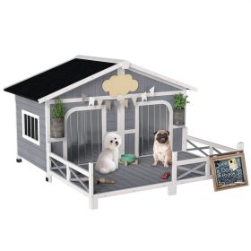 Dog House Outdoor, Wooden Dog Kennel Weatherproof with Porch, Openable Roof, Removable Bottom, Elevated Floor, Double Room for 2 Small to Medium Bre