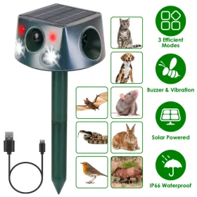 Solar & Type-C Rechargeable Animal Repeller - 3 Modes Ultrasonic+Buzzer+Vibration, IP66 Waterproof, 2200mAh Battery, Repels Moles Bats Squirrels Bird
