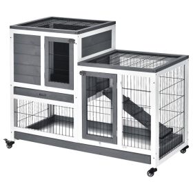 Wooden Rabbit Hutch Elevated Bunny Cage Indoor Small Animal Habitat with Enclosed Run with Wheels, Ramp, Removable Tray for Rabbits, Chickens, D