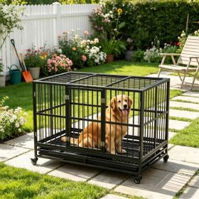 48" Heavy Duty Metal Dog Crate Kennel with Lockable Wheels Double Door Removable Tray Gray (Option: Default title)