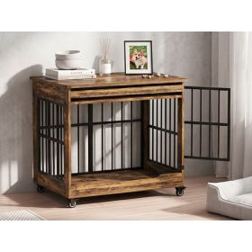 32in  Dog Crate Furniture, Double Door Wooden Indoor Dog Kennel Furniture, Decorative Pet Cage End Table With Wheels For Medium And Small Breed D (Option: Rustic Brown)
