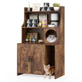 Wooden Hidden Cat Litter Box Enclosure with Storage Shelves Anti-Toppling Design Industrial Style Brown (Option: Default title)