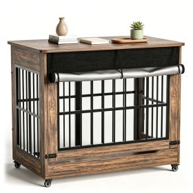 46in Large Dog Crate Furniture, Double Door Wooden Indoor Dog Kennel Furniture, Decorative Pet Cage End Table With Wheels For Extra Large Breed D (Option: Rustic Brown)