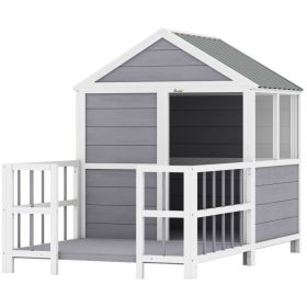 Outdoor Dog House, 61"L Wooden Dog House with Porch, Weatherproof Roof, Elevated Base, Air Vents & Observation Windows (Option: Gray-990x320x820 mm)