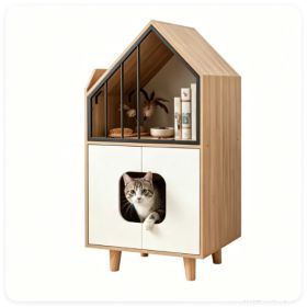 Natural & White Hidden Cat Litter Box Furniture, Elevated Cat Lounge Top Enclosed Cat Washroom Cabinet with Raised Legs for Living Room Bedroom A (Option: Default title)