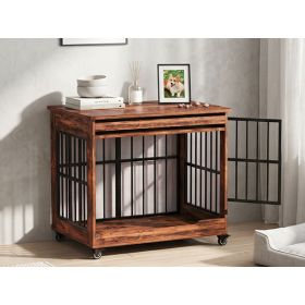 32in  Dog Crate Furniture, Double Door Wooden Indoor Dog Kennel Furniture, Decorative Pet Cage End Table With Wheels For Medium And Small Breed D (Option: Brown)