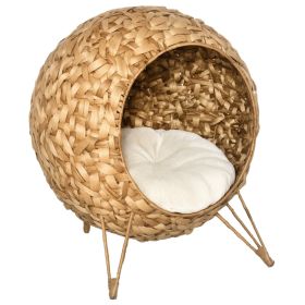 20.5" Weaved Cat Bed, Elevated Hand-woven Braided Banana Leaf Kitten House Condo with Cushion, Natural (Option: Natural Wood-540x460x590 mm)