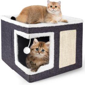Cat Houses For Indoor Cats Large Cat Bed Cave With Scratch Pad And Fluffy Ball, Foldable Cat Condo Hideaway With Reversible Cushion (Option: Black)