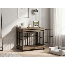 32in  Dog Crate Furniture, Double Door Wooden Indoor Dog Kennel Furniture, Decorative Pet Cage End Table With Wheels For Medium And Small Breed D (Option: GREIGE)
