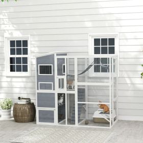 Large Wooden Catio Outdoor, Cat Enclosure W 4 Tier Resting Rooms, 3 Platforms, 1 Soft Ladder, 2 Ramps, 1 Hammock,Multiple Packages Will Be Shippe (Option: Gray)
