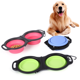 Rubber Folding Double Bowl Portable Pet Feeding Watering Bowl Outdoor Dog Food Bowl Multicolor Utensils (Color: Blue)