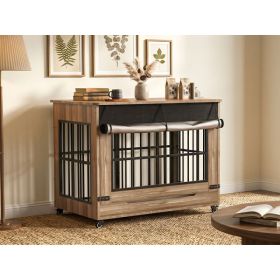 38in  Dog Crate Furniture, Double Door Wooden Indoor Dog Kennel Furniture, Decorative Pet Cage End Table With Wheels For Large And Medium Breed D (Option: GREIGE)