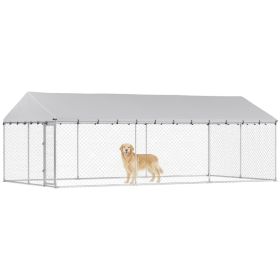 Heavy Duty Outdoor Dog Kennel With Waterproof Roof, 2 Secure Latches, Chain Link Dog Run For Backyard, 20' X 10' X 7'For Multiple Packages, Pleas (Option: Silver)