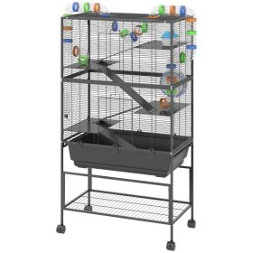 PawHut 5 Tier Hamster Cage, Rolling Rat Cage With Deep Tray, Storage Shelf, Big Exercise Wheel, Hut, Tube System (Option: Black)